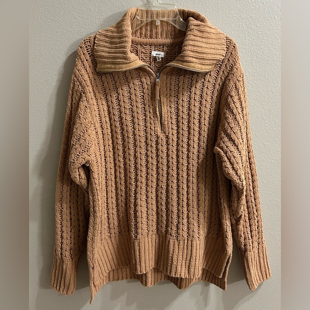 Aerie Cable Car Sweater Size M Tan Brown 1/4 Zip Oversized Cozy Soft Cable Knit